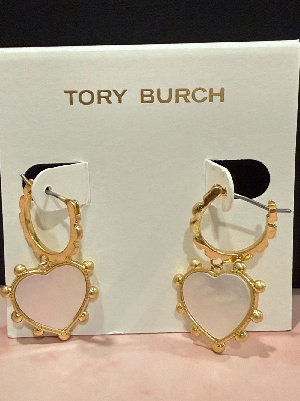 Tory Burch | Gold Plated & Mother of Pearl Heart Drop Earrings | Small/Medium